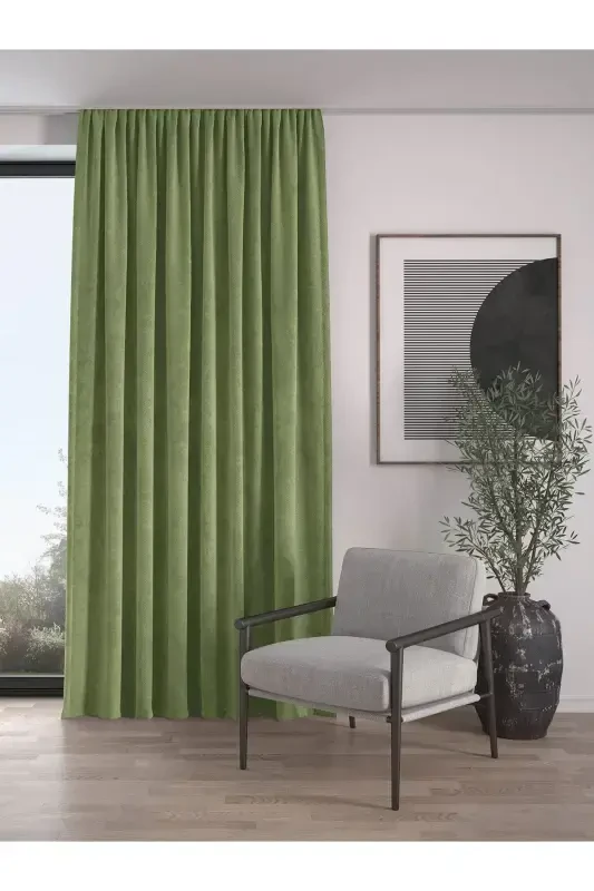 Velvet Textured Extrafor Shirred Sweet Green High Quality Curtain Panel-Sweet Green - 1