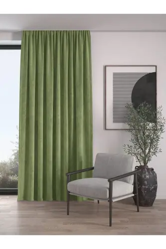 Velvet Textured Extrafor Shirred Sweet Green High Quality Curtain Panel-Sweet Green 