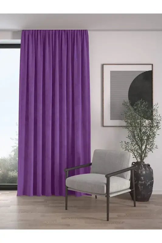 Velvet Textured Gathered Buckram Amethyst Color High Quality Curtain Panel Single-Amethyst - 1