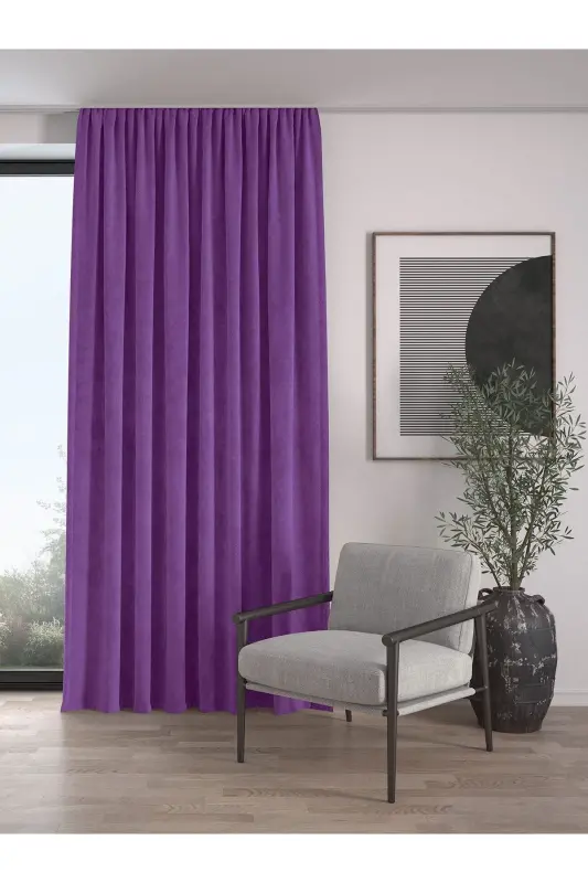 Velvet Textured Gathered Buckram Amethyst Color High Quality Curtain Panel Single-Amethyst - 1