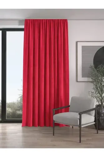 Velvet Textured Shirred Apple Red High Quality Curtain Single Panel-Apple Red - 1