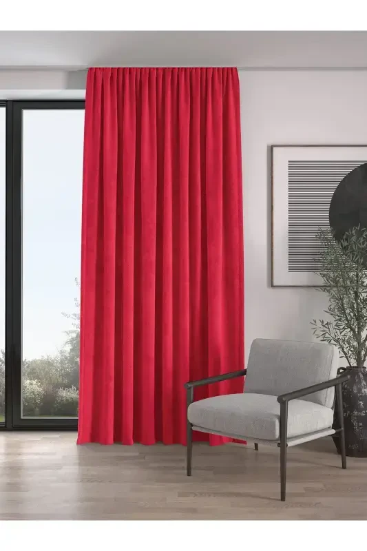 Velvet Textured Shirred Apple Red High Quality Curtain Single Panel-Apple Red - DEMOR HOME