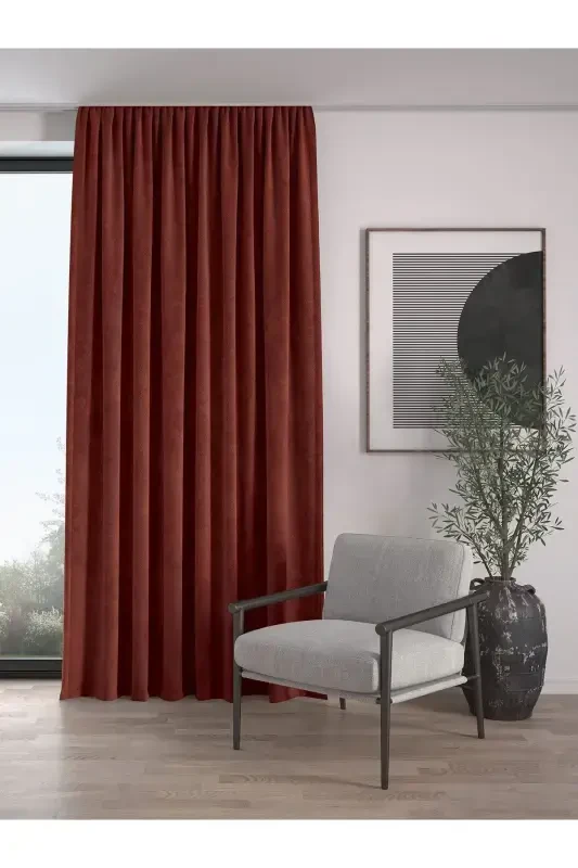 Velvet Textured Shirred Brick Red High Quality Curtain Single Panel-Brick - Modazone