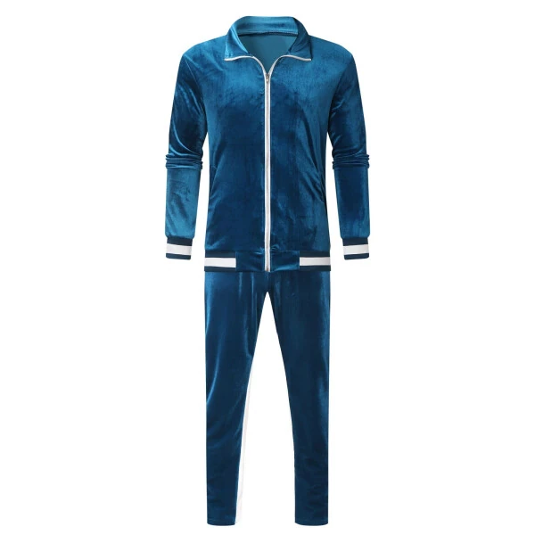 Velvet Tracksuit 2 Piece Jacket Sets Erkaklar uchun to'liq zipli ko'ylagi va shim kostyumlari Sport Fitness Casual Outfitlar (Katta, Moviy) - AKOEE (1)