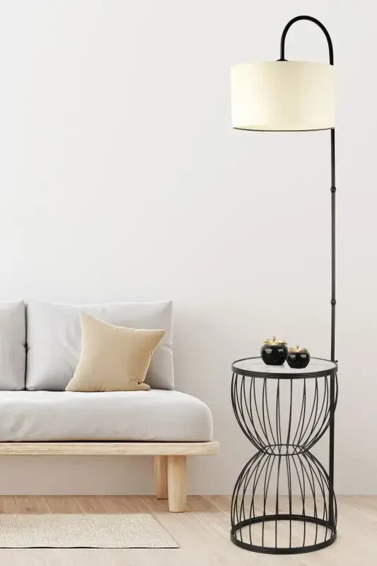 Venezia Floor Lamp Black Marble Wood Cream Shade-Black - BEGÜSA