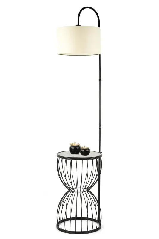 Venezia Floor Lamp Black Marble Wood Cream Shade-Black - 3