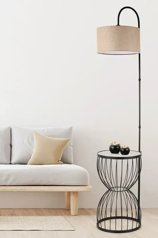 Venezia Floor Lamp Black Marble Wood Rattan Shade-Black - Modazone