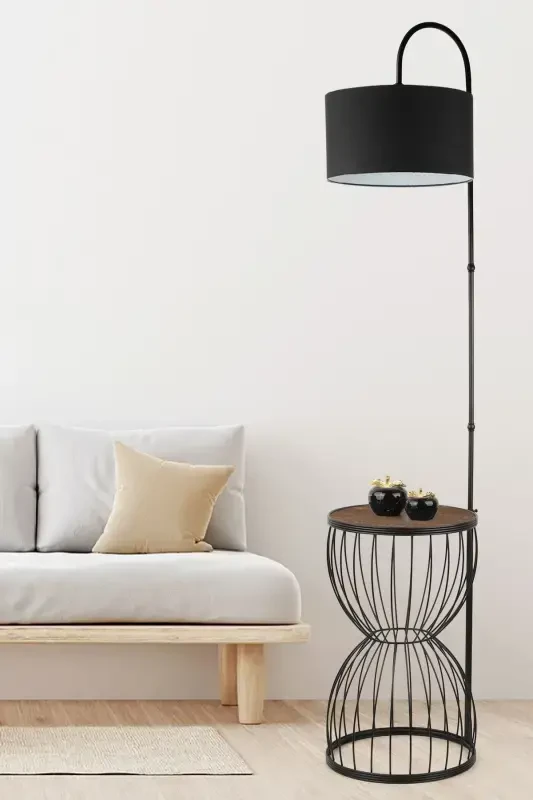 Venezia Floor Lamp Black Walnut Wood Black Shade-Black - BEGÜSA