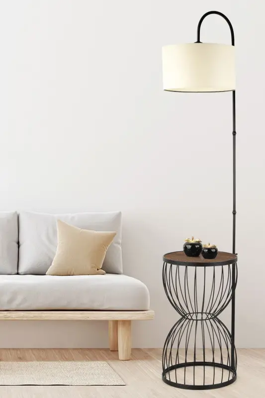 Venezia Floor Lamp Black Walnut Wood Cream Shade-Black - BEGÜSA