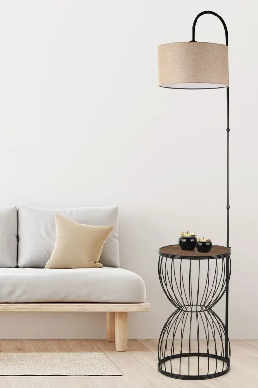 Venezia Floor Lamp Black Walnut Wood Rattan Shade-Black - 1