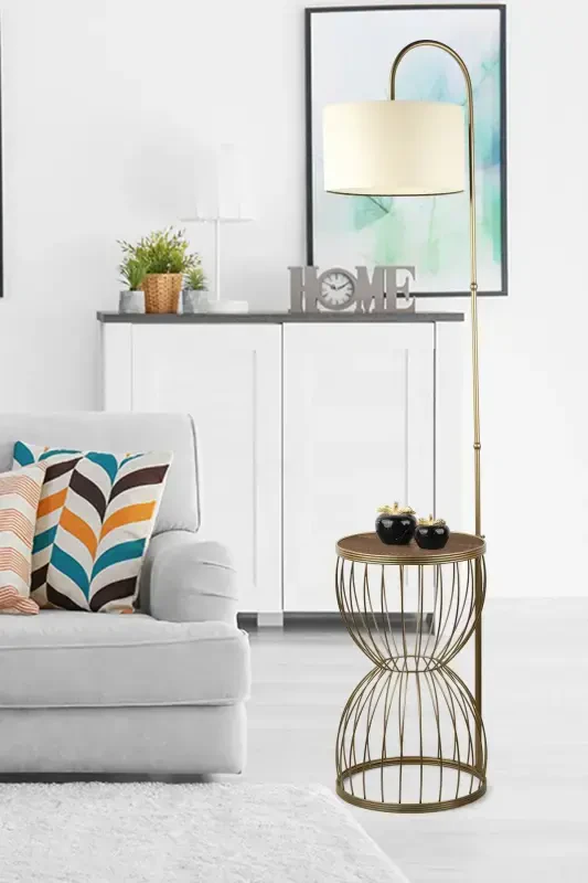 Venezia Floor Lamp Coffee Table Antique Walnut Wood Cream Shade-Antique - Modazone