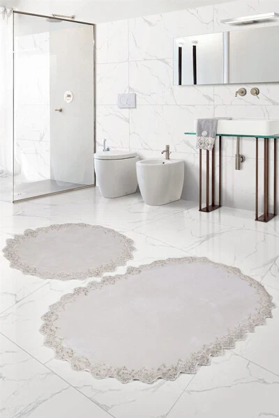 Venus 2-Piece Cream Lace Bathroom Rug Set Non-Slip Toilet Set - 1