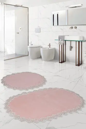 Venüs 2'li Pembe Çeyizlik Dantelli Banyo Paspası Seti Kaymaz Tabanlı Klozet Takımı-Pembe - 1