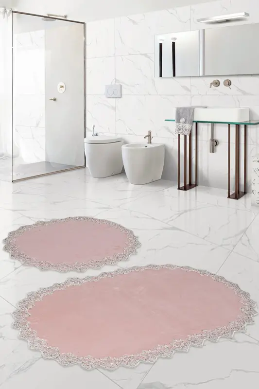 Venüs 2'li Pembe Çeyizlik Dantelli Banyo Paspası Seti Kaymaz Tabanlı Klozet Takımı-Pembe - 1