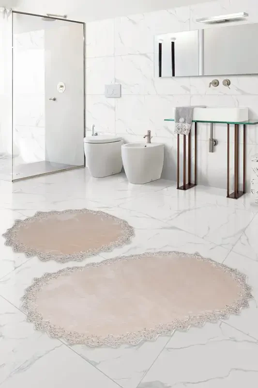 Venüs 2'li Vizon Çeyizlik Dantelli Banyo Paspası Seti Kaymaz Tabanlı Klozet Takımı-Vizon - AVANTAJ