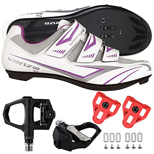 Venzo Bicycle Women’s Road Cycling Riding Shoes - with Bike Clipless Sealed Bearing Look Delta Compatible Pedals & 9 Degree Float Cleats - 3