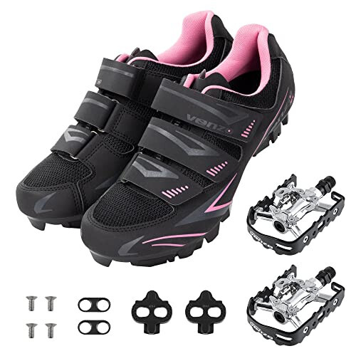 Venzo Women’s MTB Bike Bicycle Cycling Shoes with Multi-Function Clip-Less Pedals & Cleats - Compatible with Shimano SPD & Crankbrother System - 1