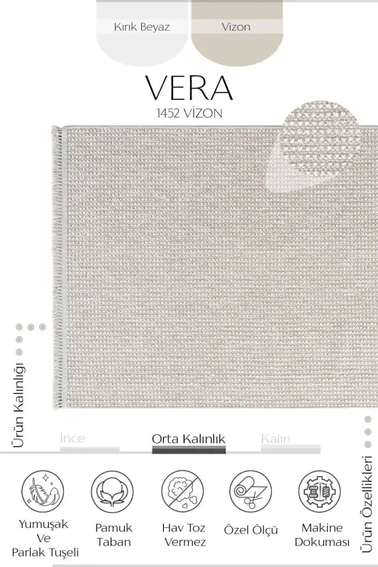 Vera 1452 Vizon Yumuşak Dokulu Halı Kilim Salon Mutfak Koridor Kesme Yolluk Dokuma Makine Halısı-Vizon - 3