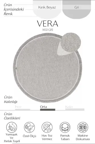 Vera 1453 Gri Halı Kilim Yumuşak Dokulu Salon Halısı Mutfak Antre Yuvarlak Dokuma Makine Halısı-Gri - 2