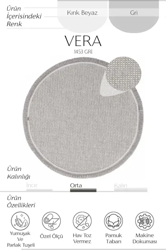 Vera 1453 Gri Halı Kilim Yumuşak Dokulu Salon Halısı Mutfak Antre Yuvarlak Dokuma Makine Halısı-Gri - 2