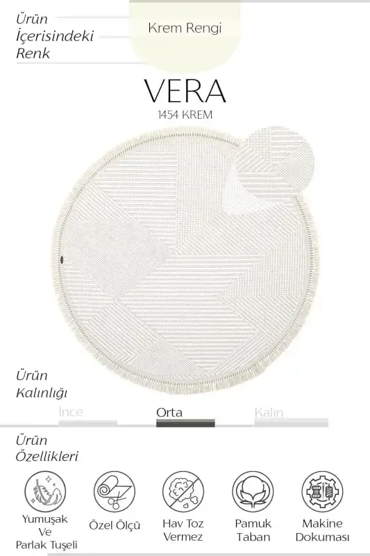 Vera 1454 Cream Rug Kilim Soft Texture Living Room Rug Kitchen Entrance Round Woven Machine-Made Rug - Cream 1 - 2