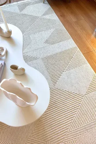 Vera 1454 Krem Yumuşak Dokulu Halı Kilim Salon Mutfak Koridor Kesme Yolluk Dokuma Makine Halısı-Krem 1 - 1