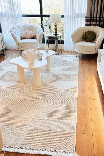 Vera 1454 Krem Yumuşak Dokulu Halı Kilim Salon Mutfak Koridor Kesme Yolluk Dokuma Makine Halısı-Krem 1 - 5