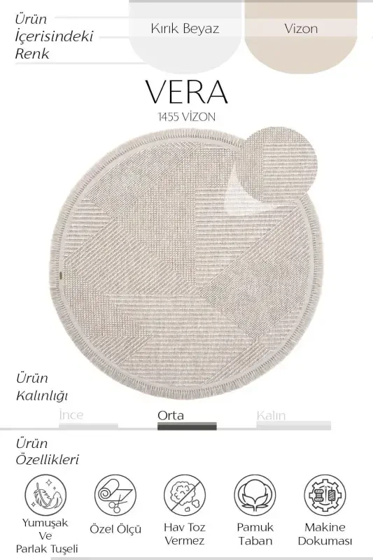 Vera 1455 Beige Rug Kilim Soft Textured Living Room Rug Kitchen Entrance Round Woven Machine Rug - 4