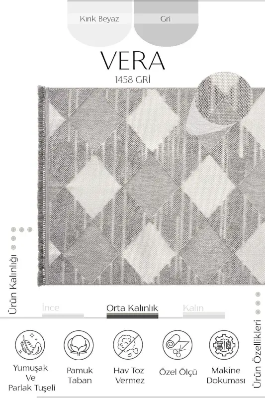 Vera 1458 Gri Yumuşak Doku Halı Kilim Salon Mutfak Kesme Yolluk Dokuma Makine Halısı (xxx) - Gri 2 - 2