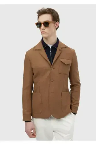 Верблюжий однотонный прямой слим-фит пиджак из шерстяной смеси. - 1