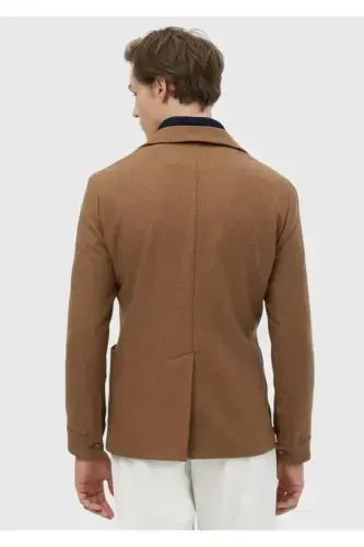 Верблюжий однотонный прямой слим-фит пиджак из шерстяной смеси. - 6