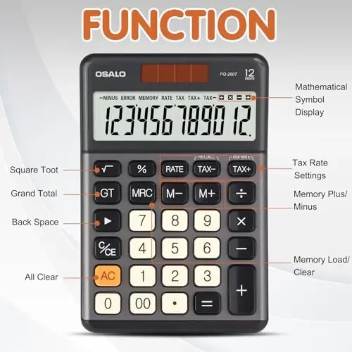 Pendancy Office Small Calculator Desktop with Tax+/- for Tax Calculation, 12 Digit Large LCD Display, Solar Battery Power, Durable Portable Design, Financial Accounting Business Home Use(OS-200T-Gray) - PENDANCY