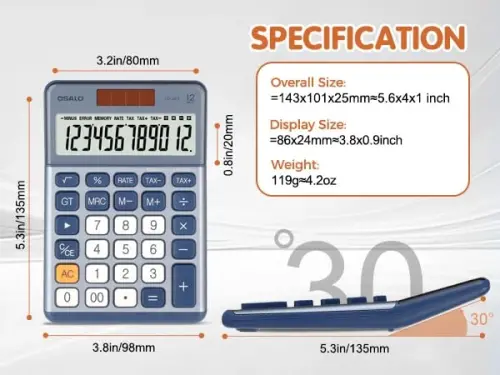 Vergi Hesaplamalı Askı Ofisi Küçük Hesap Makinesi Masaüstü, Vergi+/- özellikli, 12 Haneli Geniş LCD Ekran, Güneş Pilli Güç, Dayanıklı Taşınabilir Tasarım, Finansal Muhasebe İşletme Ev Kullanımı (OS-200T-Mavi) 