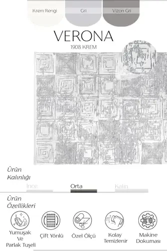 Verona 1908 Krem Salon Halısı Koridor Kesme Yolluk Yumuşak Doku Kaymaz Tozumaz Dokuma Makine Halısı-Krem - 2