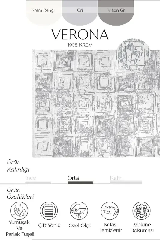 Verona 1908 Krem Salon Halısı Koridor Kesme Yolluk Yumuşak Doku Kaymaz Tozumaz Dokuma Makine Halısı-Krem - 2