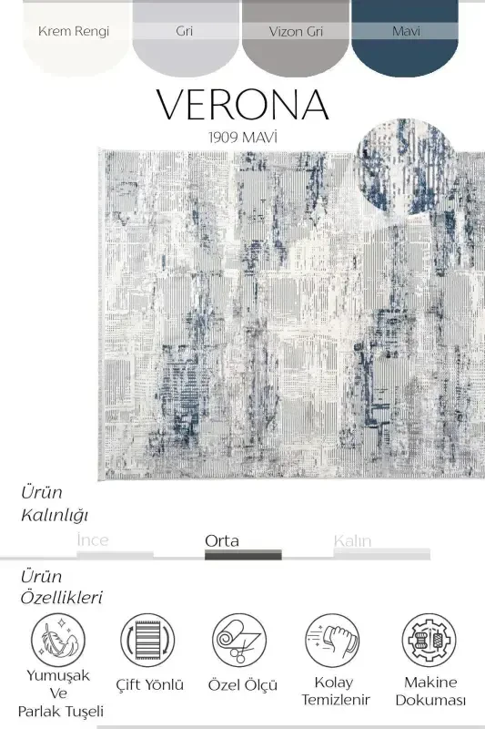 Verona 1909 Mavi Salon Halısı Koridor Kesme Yolluk Yumuşak Doku Kaymaz Tozumaz Dokuma Makine Halısı-Mavi - 4