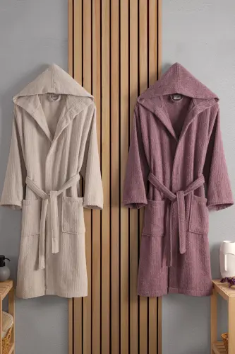 Verona Cotton 2-Piece Striped Hooded Bathrobe Set | Bathrobe | Dowry Set | Bathrobe Set |-Plum Beige - 3