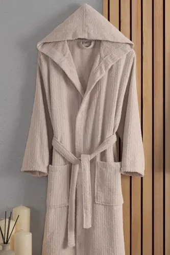 Verona Cotton 2-Piece Striped Hooded Bathrobe Set | Bathrobe | Dowry Set | Bathrobe Set |-Plum Beige - 4