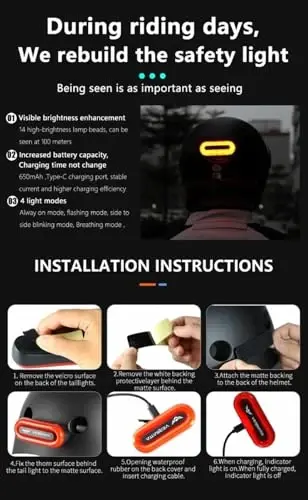 VERSATTA LED Helmet Light, Motorcycle Helmet Light, Bike Bicycle Rear Red Safety Light for Night Riding, Warning Tail Rechargeable Light with Type-C Cable - 6