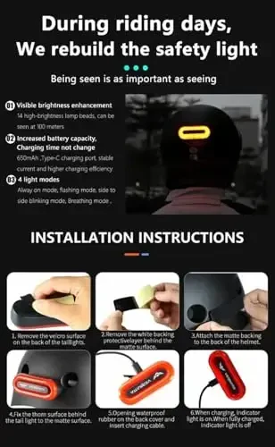 VERSATTA LED Helmet Light, Motorcycle Helmet Light, Bike Bicycle Rear Red Safety Light for Night Riding, Warning Tail Rechargeable Light with Type-C Cable - 6