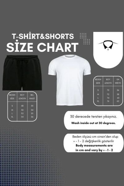 Vertical T-Shirt Shorts - Black Top Bottom Combo Shorts T-Shirt Set Printed Oversize Crew Neck - DUBU BUTİK (1)