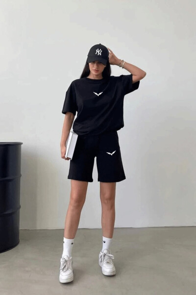 Vertical T-Shirt Shorts - Black Top Bottom Combo Shorts T-Shirt Set Printed Oversize Crew Neck - DUBU BUTİK