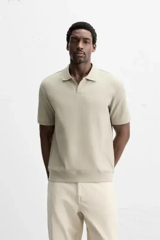 VERTICAL TEXTURED POLO T-SHIRT - Greenish - 2