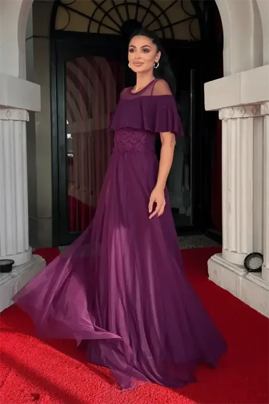 Верхняя Ткань с Блестками Нижняя Тюлевая Ткань Детализированное Вечернее Платье - БАКЛАЖАНОВЫЙ - 2