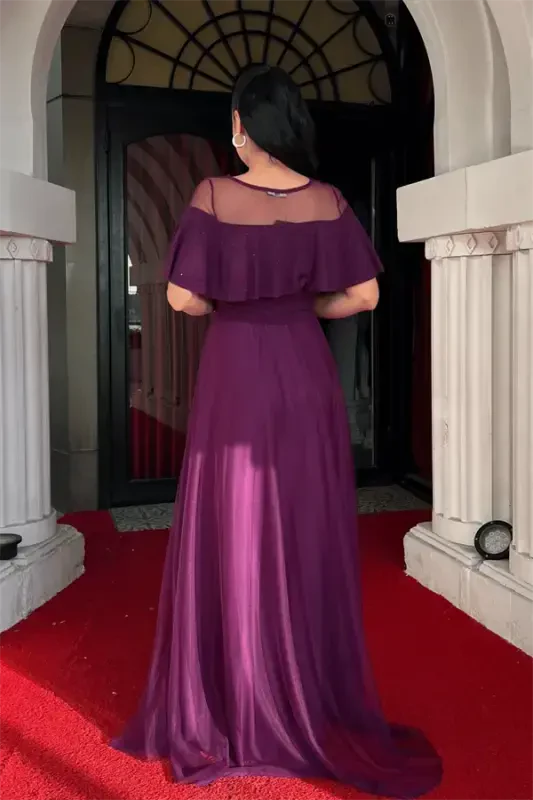 Верхняя Ткань с Блестками Нижняя Тюлевая Ткань Детализированное Вечернее Платье - БАКЛАЖАНОВЫЙ - 5