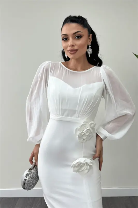 Верхний шифон, нижний атлас, платье с цветочным узором - БЕЛЫЙ - 3