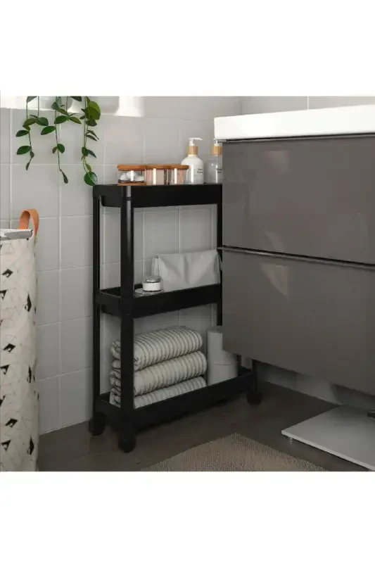 Vesken Black 3-Tier Rolling Rectangular Shelf Unit Bathroom Kitchen Organizer Rack Modern Storage Shelf - 3
