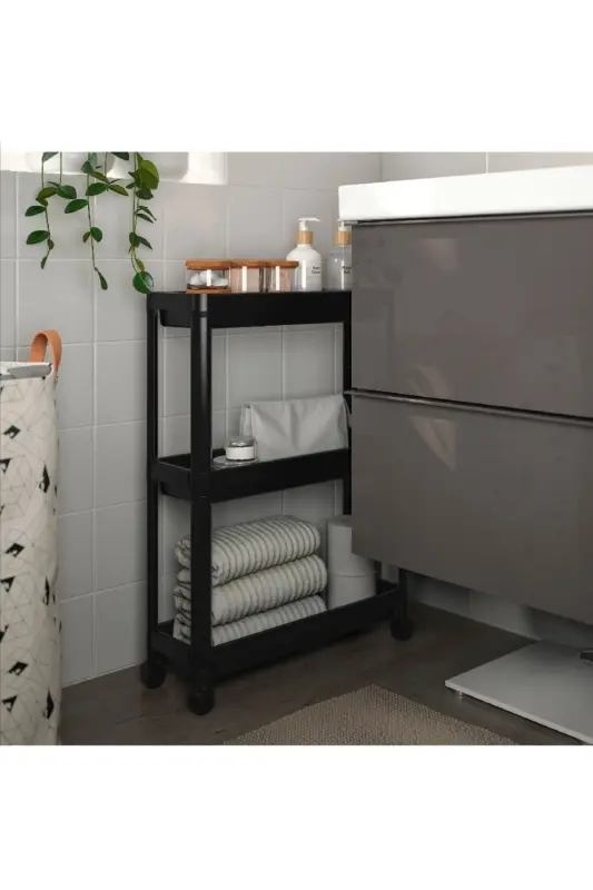 Vesken Siyah 3lü Tekerlekli Dikdörtgen Raf Ünitesi Banyo Mutfak Düzenleyici Raf Modern Depolama Raf - 3