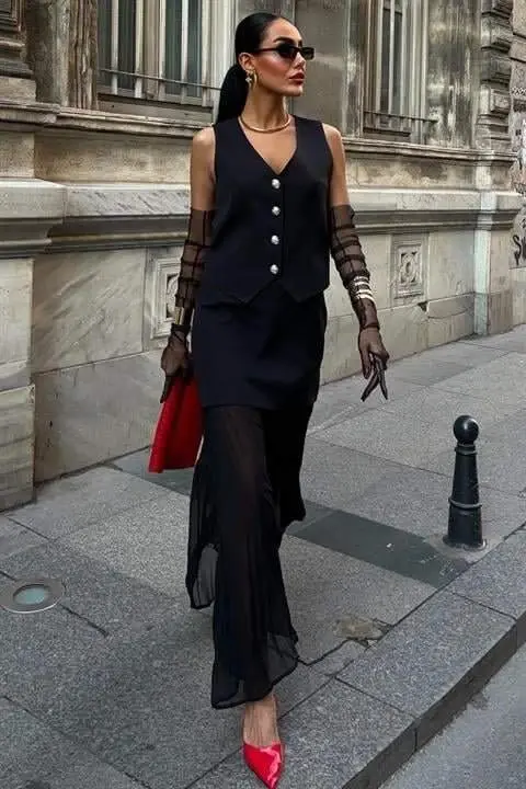 Vest And Pleated Skirt Premium Suit 10096 - 7