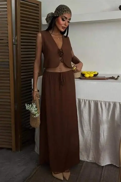 Vest Front Tie Long Skirt Suit 10192 - 1